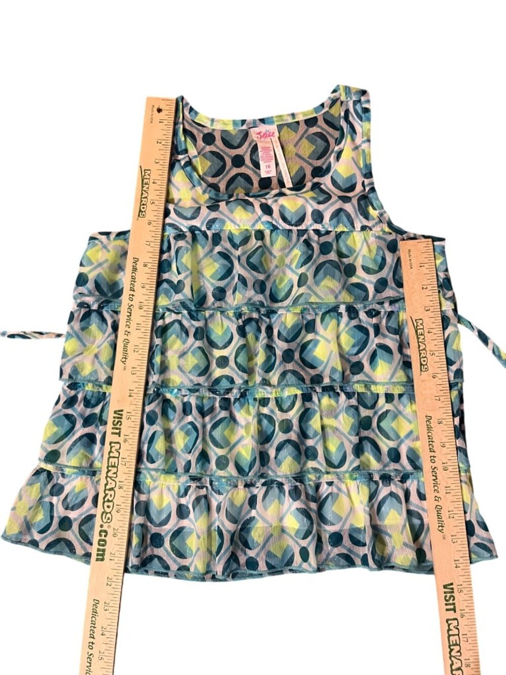 Justice Girls 16 Sleeveless Tiered Blouse Blue Lime Shimmer Ruffle Top Used - Picture 6 of 16